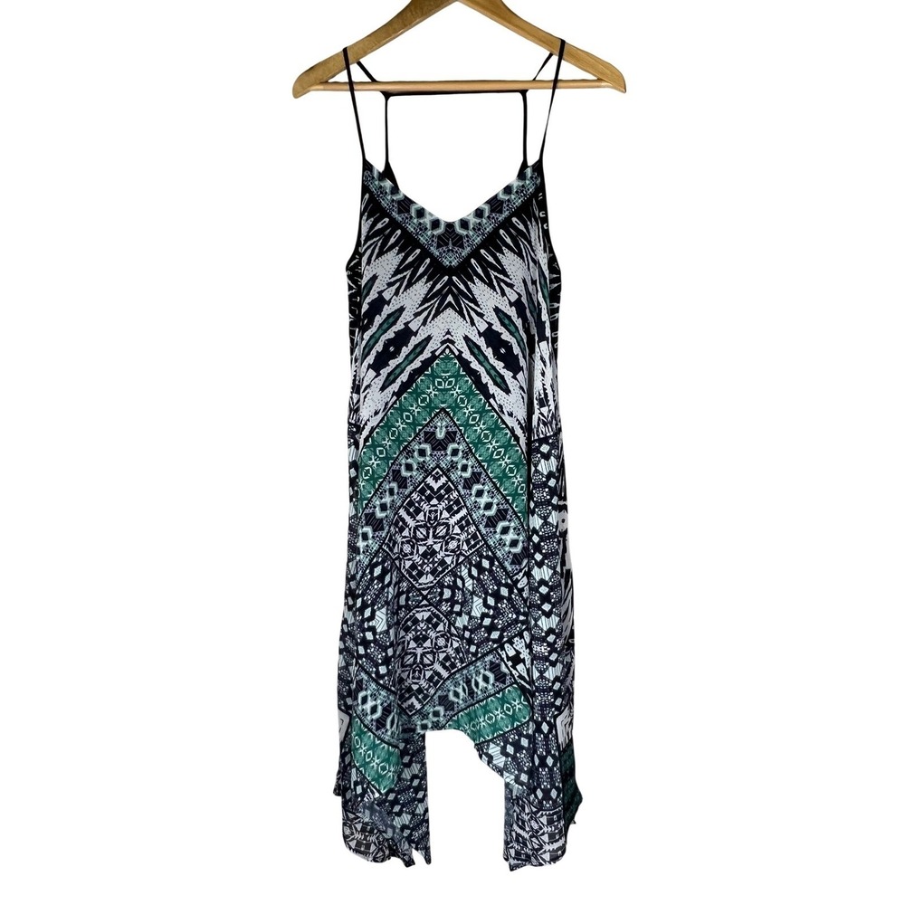 Buffalo David Bitton Geometric Handkerchief‎ Hem Dress Green Black White Large